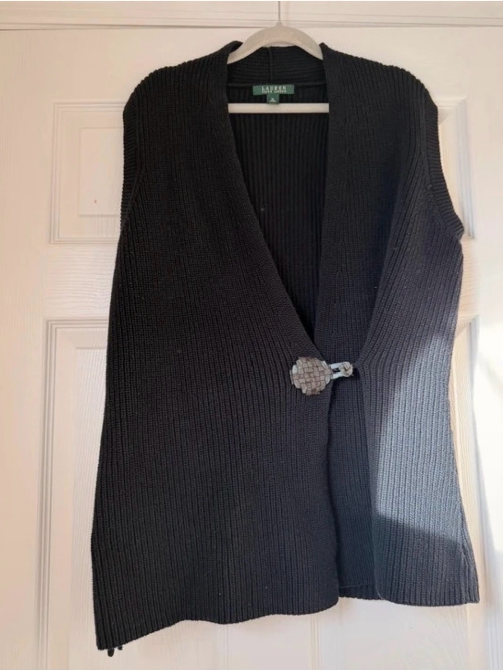 Lauren Ralph Lauren Black Ribbed Open Front Sweater Vest with Decorative Toggle